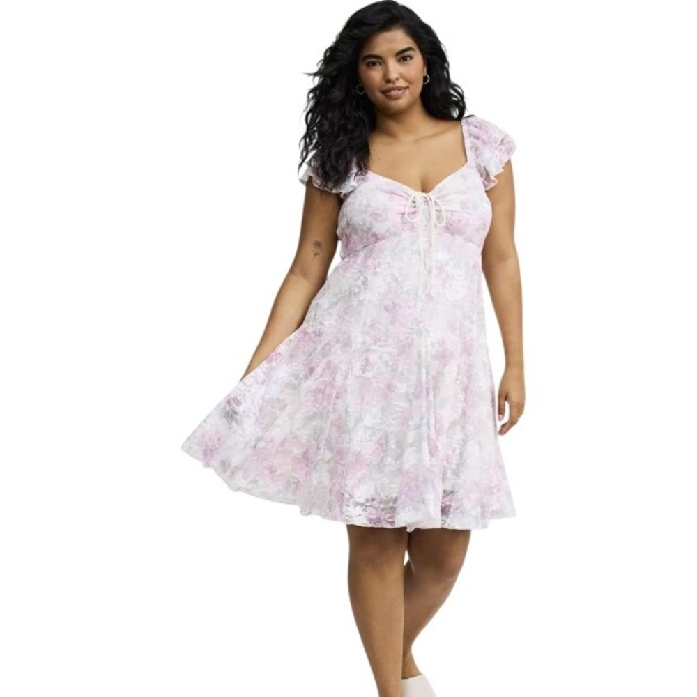 Torrid Womens Mini Stretch Lace Godet Dress 2 2X Ivory Floral Cottagecore